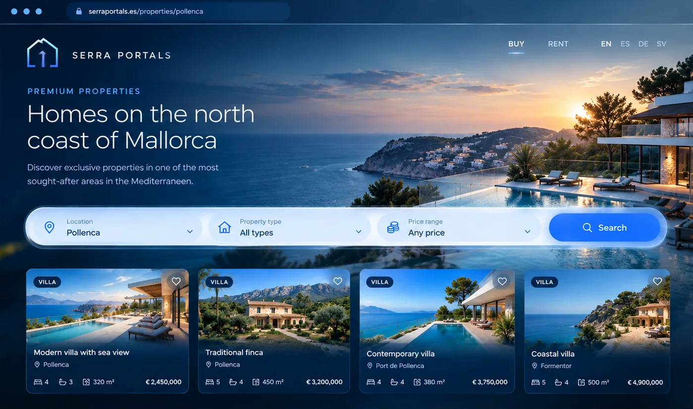 A property page from the agency&rsquo;s own site, with its own address, the four language versions in the header and four listings underneath